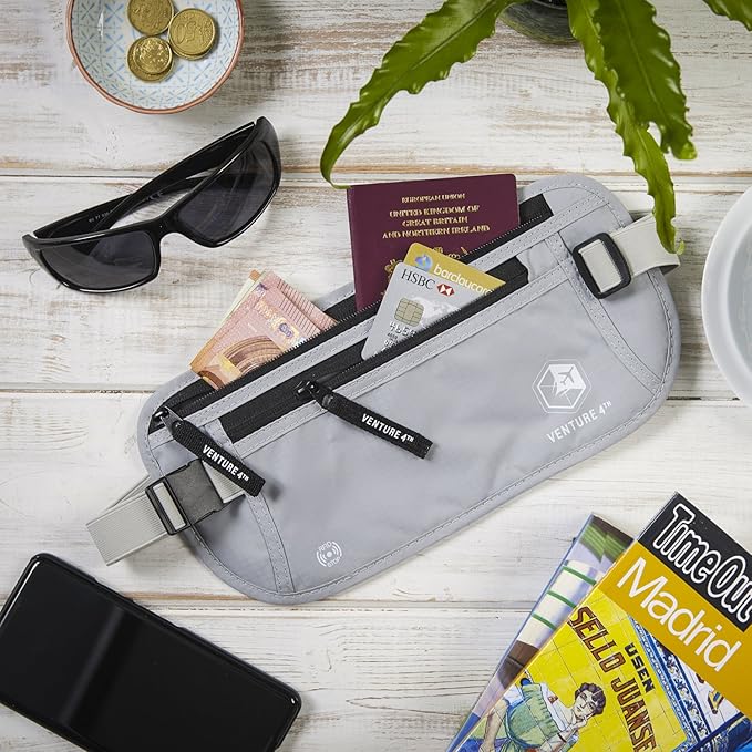 VENTURE 4TH Slim Minimalist Design RFID Money Belt with RFID Blocking Sleeves, for Men and Women – Ideal for Keeping Your Cash, Credit Card, Passport, Phone Secure When Traveling - Silver