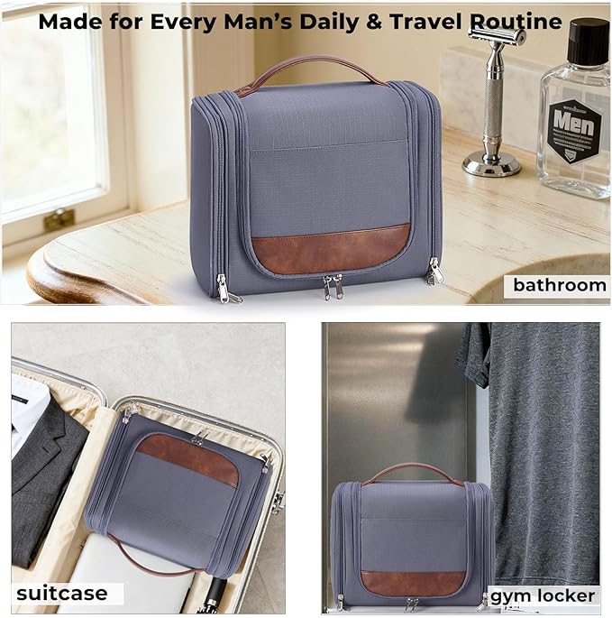 Ralnitote Large Hanging Toiletry Bag for Men, Travel Bathroom Bag with Hook, Hygiene Bag Organizer for Shower, Shaving & Grooming Essentials, Gray