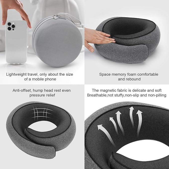 Travel Neck Pillow for Airplane - 100% Memory Foam 360° Ergonomic Support - Adjustable Velcro, Washable Velvet Cover & Compact Storage Case - Flight Essentials for Sleeping(Grey)