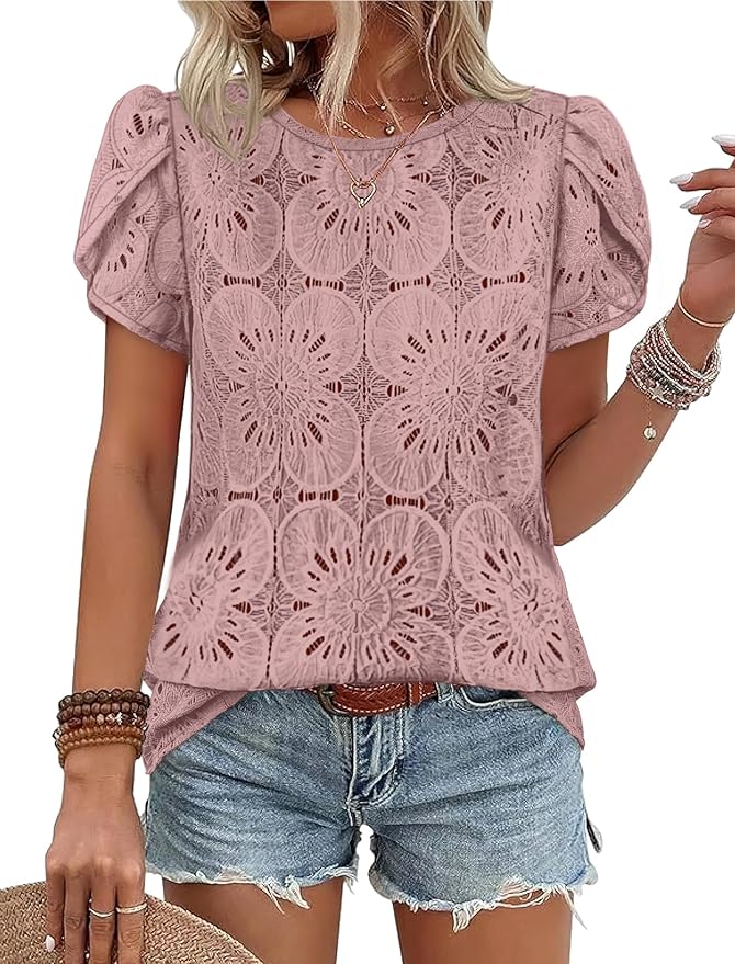 OFEEFAN Blouses for Women Dressy Casual Petal Short Sleeve Shirts Crochet Lace Boho Tops Spring Fashion Summer Outfits