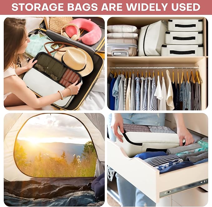 SDGFUI 8 PCS Compression Packing Cubes for Travel Women, Compression Bags Organizer for Luggage Space Saving Travel Essentials and Carry on, Luggage Organizer Bags for Suitcase - Beige