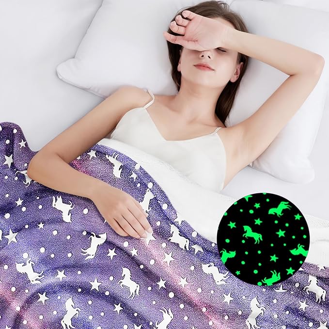 Wajade Unicorn Gifts Toys for Girls - Glow in The Dark Unicorn Blanket Birthday Christmas Decor for Kids Age 3 4 5 6 7 8 9 10 11 12 Years Old Teens Child Toddler Throw Purple 50"x60"