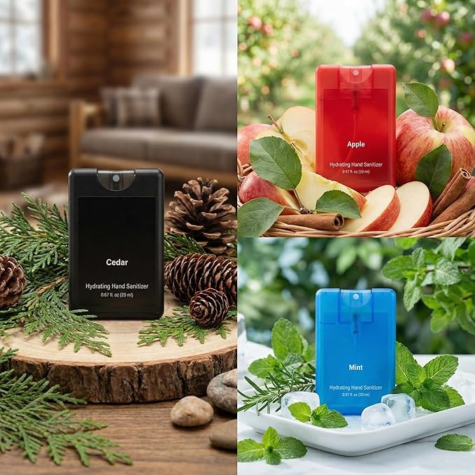 Set of 3 Powerful Mist Hydrating Hand Sanitizer Spray Bulk Travel Size Refreshing Hand Sanitizer 0.67 Fl. oz Compact Card Spray Bottle Mint Apple Cedar Scent for Daily Personal Use Gift