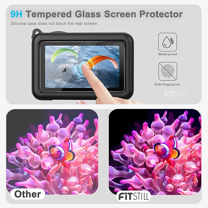 FiTSTILL Silicone Rubber Case+3Pack Tempered Glass Protector Compatible for DJI Osmo Action 6,Rubber Case&Lens Caps&Screen Protectors&Lanyardfor Protective Full Cover Shell Action6 Accessories Kit