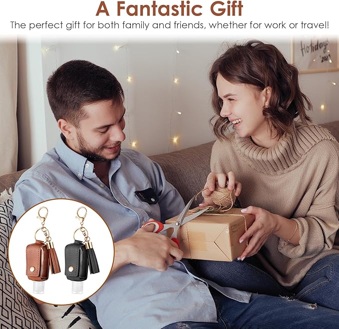 Grevosea 2Pcs Hand Sanitizer Holder, 30ml Portable Leather Hand Sanitizer Travel Size Keychain Empty Squeeze Bottles Refillable Container for Toiletry Lotion Liquid Soap Shampoo (Black+Brown)