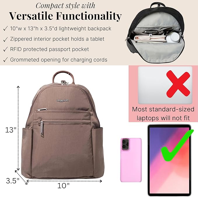 Baggallini Securtex® Anti-theft Vacation Travel Backpack 10x13 Slash-Resistant Nylon Daypack w/RFID, Portobello