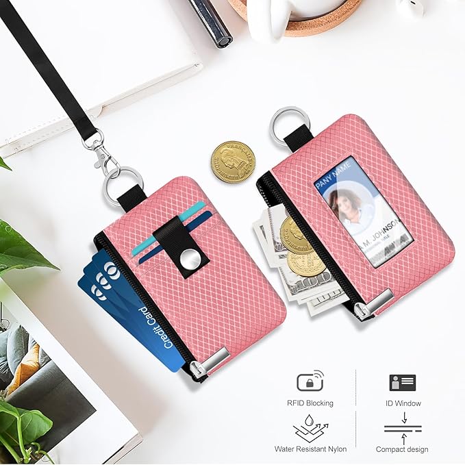 Minimalist RFID Blocking Small Wallet with ID Window,WaterResistant Zip Id Case Wallet with Lanyard Keychain for Cards,Cash,Travel,Women,Men (Pink)