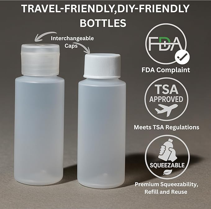 2oz 8-Pieces TSA Approved Translucent Squeeze Bottles with Flip Cap & Extra Screw Caps, Leak Proof, FDA Compliant. Safe for Premium Costmetic, Shampoo, Conditioner DIY projects and Camping.