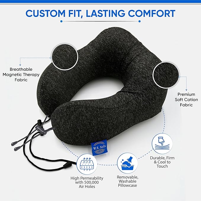 W.S. Sells Travel Neck Pillows for Airplanes - Pure Memory Foam with Ergonomic Design & Breathable Fabric - Travel Pillows for Airplanes & Cars - Set of Travel Essentials with Sleep Mask & Ear Plugs