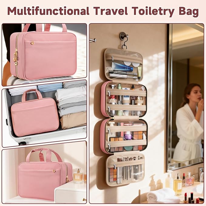 Travel Toiletry Bags, Portable Travel Bag with Hanging Hook for Women, Waterproof and Hanging Makeup Bag Travel Organizer Accessories for Travel Essentials (Pink, Large)