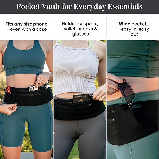 StashBandz Adjustable Running Belt - 3 Zippered Pockets + Water Bottle Holder, No-Bounce Travel Money Belt, Sports Fanny Pack, Waist Pack with Key Clip, Fits Any Size Phone, Passport & More
