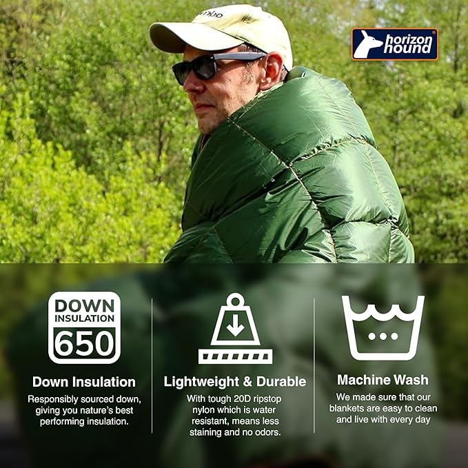 Horizon Hound Down Camping Blanket 650 Fill Power - Ultralight Backpacking Quilt (1lb 6oz) Warm & Water-Resistant 20D Nylon Shell for Outdoors, Camping, Hiking, Travel, & Stadium - Packable