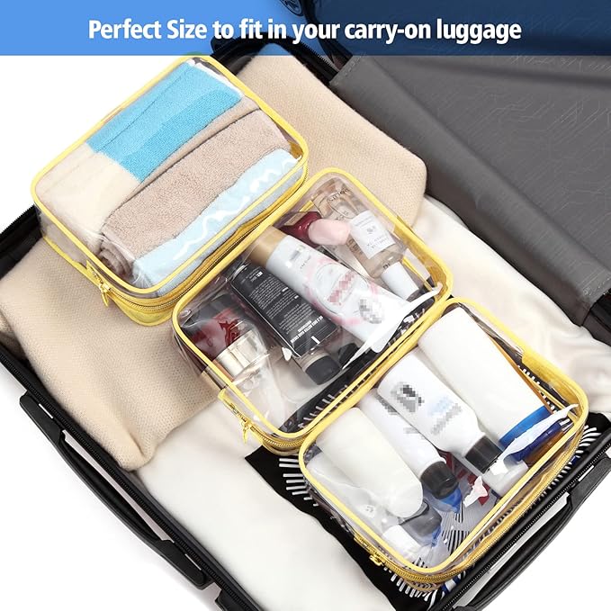 PACKISM Clear Toiletry Bag - 3 Pack TSA Approved Toiletry Bag Quart Size Bag, Travel Makeup Cosmetic Bag for Women Men, Carry on Airport Airline Compliant Bag, Yellow