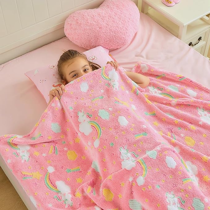 Wajade Rainbow Gifts for Girls - Glow in The Dark Rainbow Blanket Birthday Christmas Decor for Kids Age 3 4 5 6 7 8 9 10 11 12 Years Old Teens Child Toddler Throw Pink 50"x60"