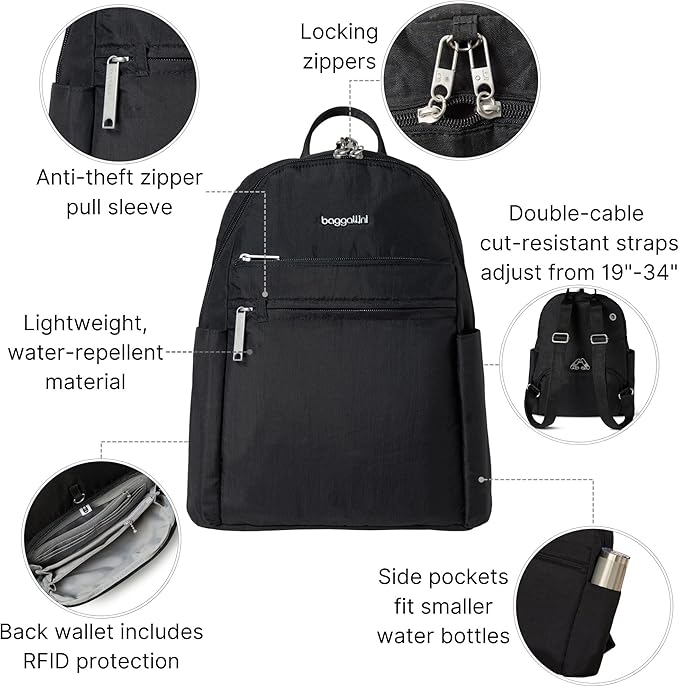 Baggallini Securtex® Anti-theft Vacation Travel Backpack 10x13 Slash-Resistant Nylon Daypack w/RFID, Black