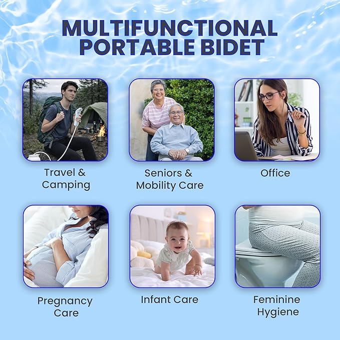 2Clean Portable Bidet - Travel & Home Use High Pressure Sprayer, USB Rechargeable Hygiene Device for Toilets with 2.5L Container, Variable Intensity, Lightweight Design, Wall Bracket Included