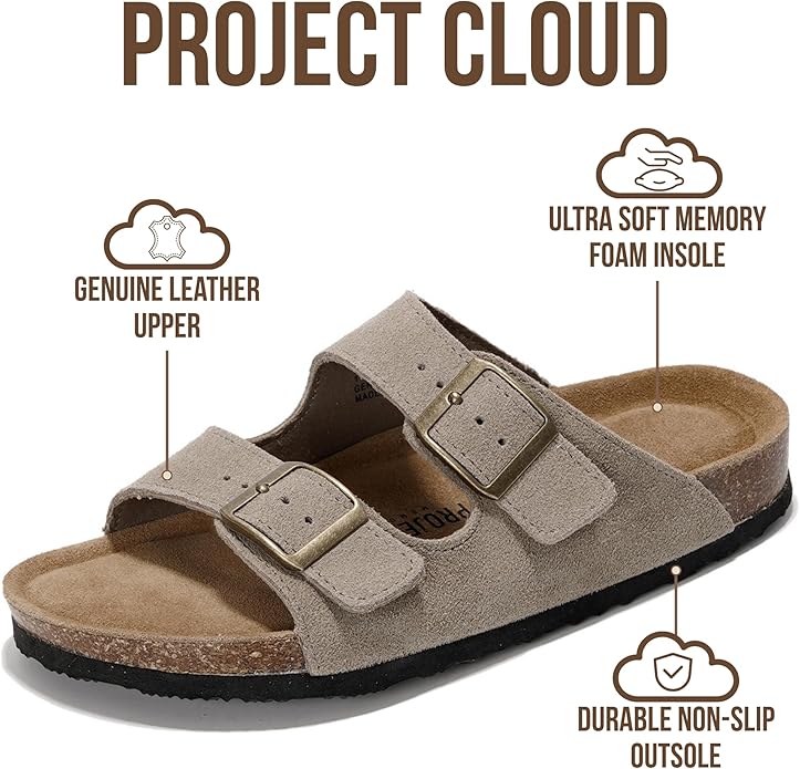 Project Cloud 100% Genuine Leather Flat Sandals For Women 2026 Cork Footbed Womens Sandals with Memory Foam and arch support Vacation Essentials Slides for Women Footwear (Venita)
