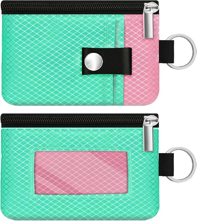 Minimalist RFID Blocking Small Wallet with ID Window,WaterResistant Zip Id Case Wallet with Lanyard Keychain for Cards,Cash,Travel,Women,Men (Mint Green/Pink)