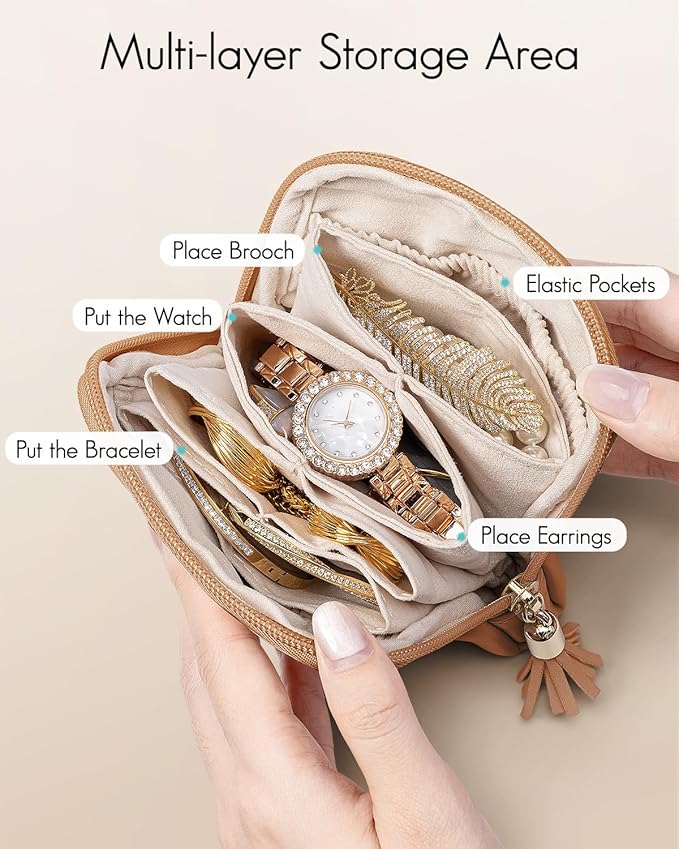 VLANDO Mini Jewelry Travel Case,Jewelry Pouch Bags with Zipper, Velvet Jewelry Organizer Storage Bag for Bracelet Rings Earring Travel Essentials Gifts for Women Girl - Dark brown