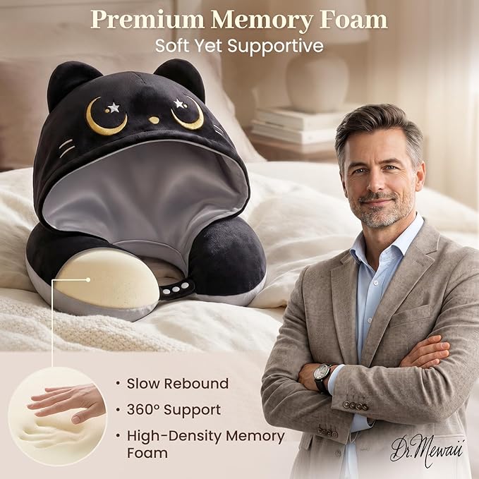 Mewaii Travel Neck Pillow with Hood for Airplanes,Memory Foam,Breathable Ice Silk & Soft Velvet,Double-Sided,Removable to Clean,Adjustable Strap,Portable Travel Pillow for Long Flights Adults & Teens