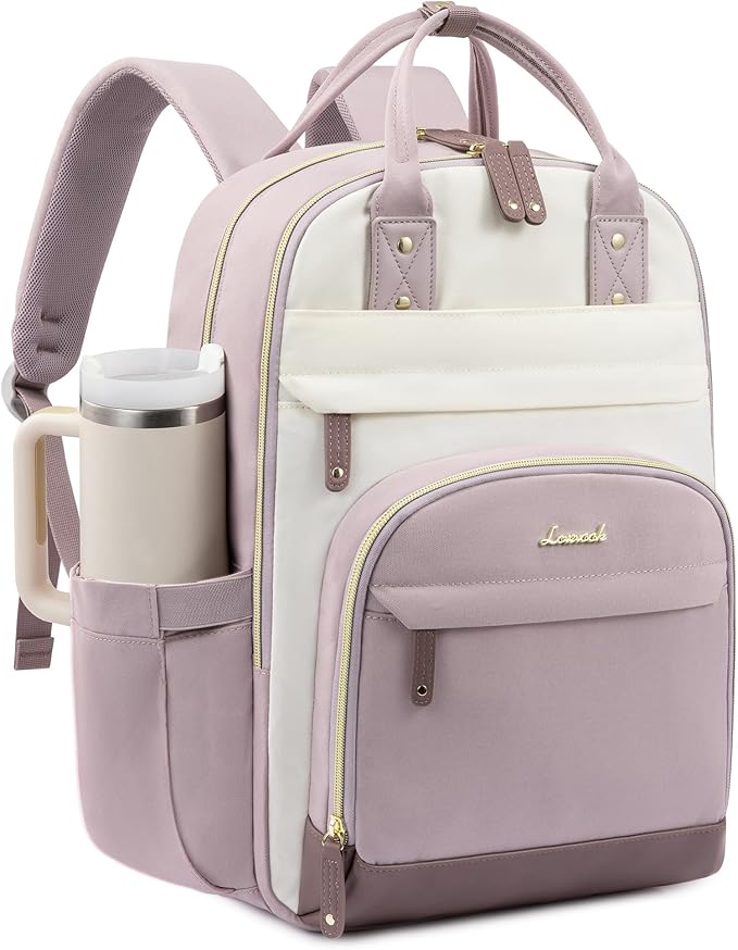 LOVEVOOK Laptop Backpack Women with Giant Tumbler Holder Pocket,17.3 inch School College Book Bag Nurse Teacher Backpack,Work Travel Backpack Laptop Computer Bag,Light purple-Off-white-Pinkish purple