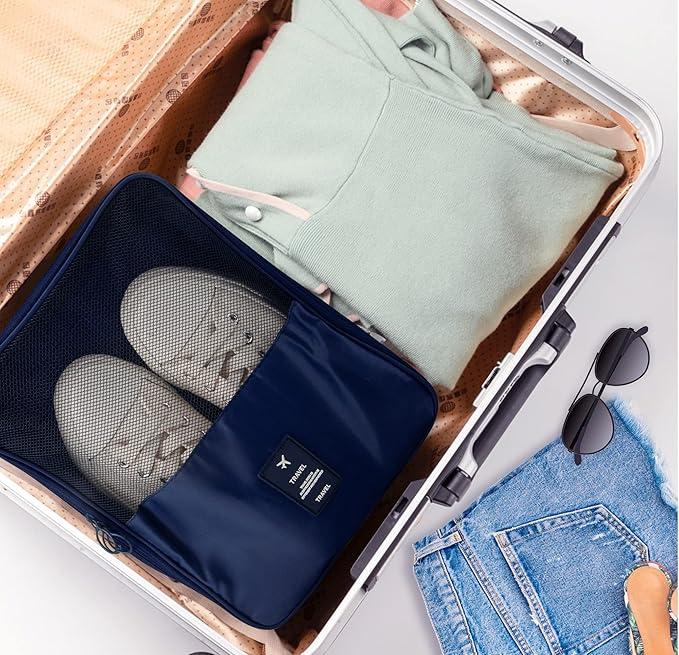 Travel Shoe Bag Waterproof Shoe Organizer Bag Holds 3 Pair of Shoes Shoe Packing Cube for Suitcase Travel and Daily Use Storage Pouch with Handle (Navy Blue)