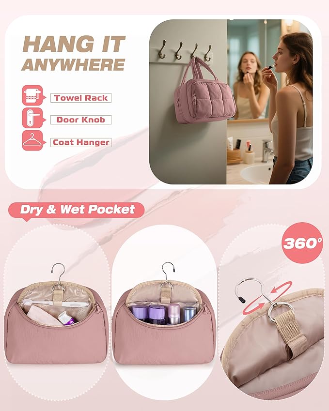 Marscamd Travel Makeup Bag for Women, Puffy Cosmetics & Toiletry Organizer with Leakproof Pockets for Travel-Size Shampoo, Conditioner, Brushes & Essentials - Medium Size, Dark Pink (Bag Only)