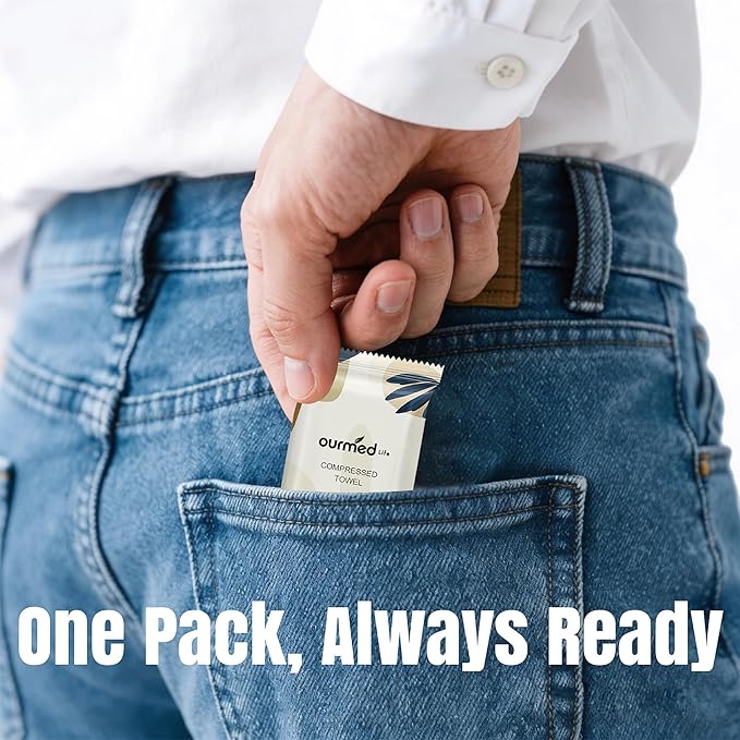 Ourmed Life Compressed Towel Tablets – Portable, Individually Wrapped Disposable Face Towels, Quickly Expand with Water, Soft & Lint-Free, 12‘’x10‘’ for Travel, Camping, Hiking, Backpacking (112 Ct)