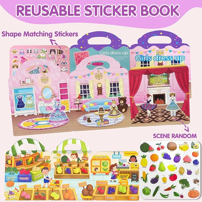 2 Sets Reusable Sticker Book for Kids, Puffy Jelly Stickers for Toddlers, Travel Essentials Craft Activities Toys for Girls Birthday Gifts - Princess, Fruits & Vegetables