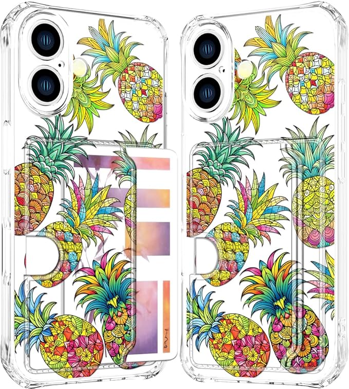 Compatible with iPhone 17 Case Card Holder for Women Cute Design,Wallet Phone Cases Transparent Cool Kawaii Protective (Clear Pineapple Fruit Tropical)
