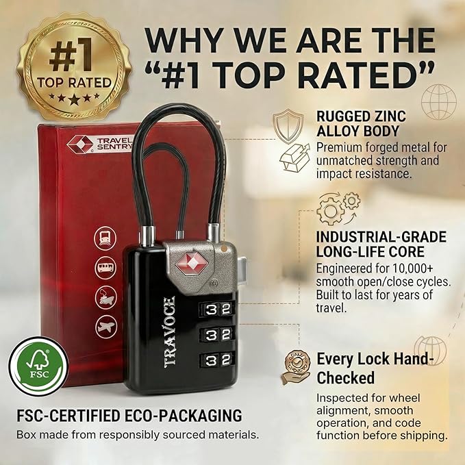 TRAVOCE TSA Approved Luggage Locks - Heavy Duty 3 Digit Combination Cable Lock, Search Alert for Suitcases, Backpacks, Golf Bags, Tents, Violin and Camera Cases, 10 Pack, Black