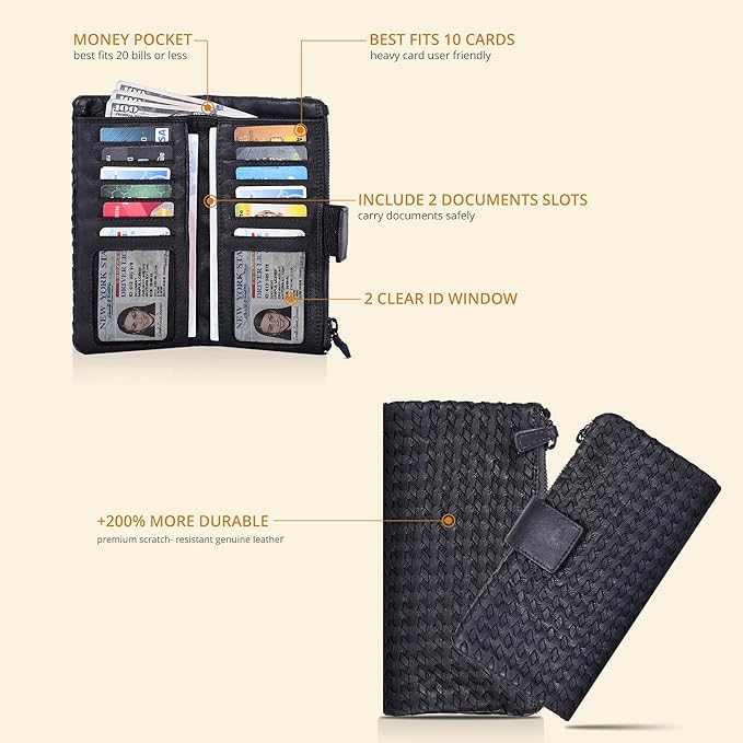 Real Leather Women Wallet Leather with RFID Blocking -Trifold Card Holder Designer Ladies Clutch with ID Window Wallets