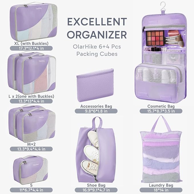 OlarHike ALL INCLUDED 10 Set Durable Packing Cubes for Travel,Gifts for Women Mom,Luggage & Suitcase Organizers with Toiletry Bag,Vacation Essentials for Cruise & Plane,Beach Accessories,Light Purple