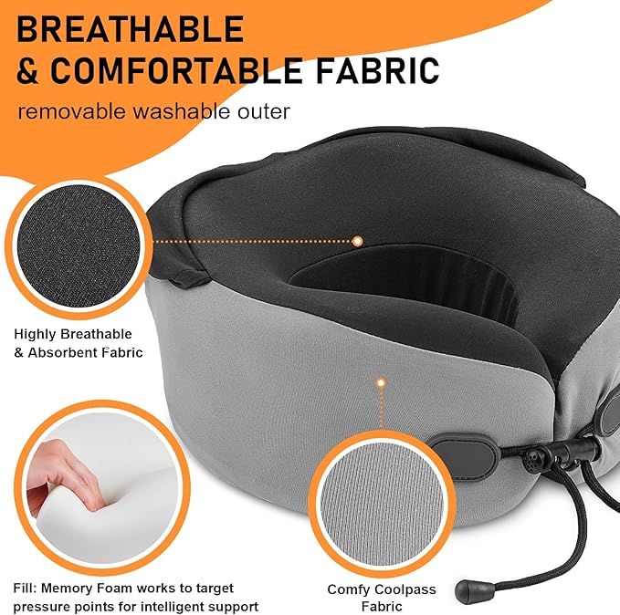 Neck Pillow for Travel - Hooded Memory Foam Plane Pillow for Airplane, Office, Cars Sleeping, Long Flights, Portable Plane Accessories, Includes Eye Mask & Earplugs, Pink