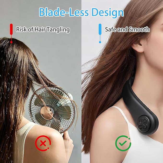 Hands-Free Neck Fan, Personal Portable Fan 3 Speeds, Bladeless Display, Stereo Airflow Personal Cooling Fan for Outdoor, Sports, Travel, Office, Makeup (Black)