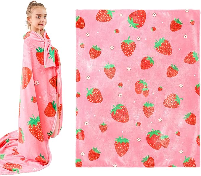 Wajade Kids Pink Strawberry Throw Blanket for Girls Teens Women Soft Fuzzy Flannel Bed Blanket for Kids Adults Plush Christmas Birthday Gifts 60”x80”