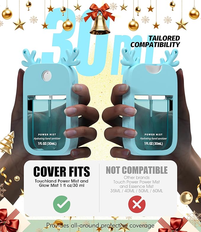 Sonnorel 1 Pack Elk Silicone Case Compatible with Touchland Hand Sanitizer Spray (Fit for 1 FL OZ/30 mL Ver), Portable keychain, Small Bell, Cute Deer Antlers (Blue)