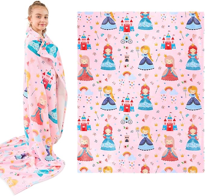 Wajade Kids Pink Princess Blanket for Girls Soft Fleece Blanket for Couch Sofa Bedroom Princess Fairy Tales Castle Throw Blanket for Kids Teens 50"x60"