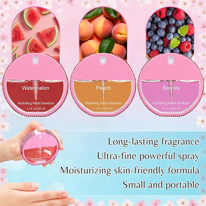 3 Pcs Power Mist Hydrating Hand Sanitizer Spray Bulk Travel Size Hand Sanitizer Spray Pocket 1.2 oz Pink Circular Bottle with Diamonds for Daily Use Mother's Day End of Year Teachers Gifts