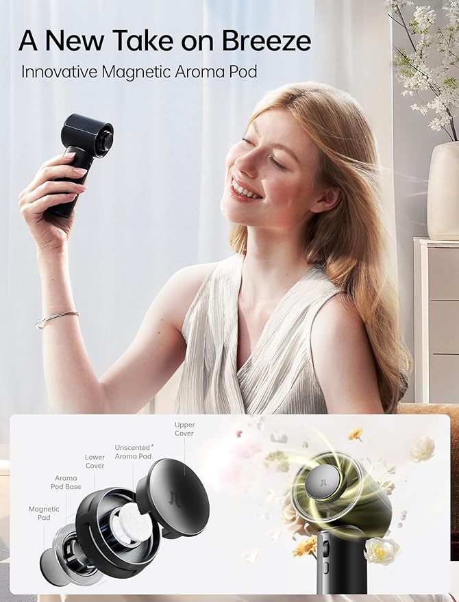 JISULIFE Handheld Fan Pro1 Mini - Refined Utility: Elite PU Leather, 30 Hour Cooling Power, Aroma Pod, 100-Speed Precision, Portable Fan for Travel, Outdoor, Concerts, Gifts for Women Men- Black