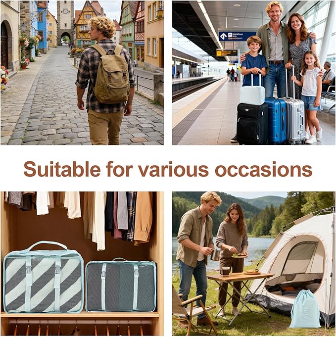 8 Set Compression Packing Cubes for Travel Essentials,Suitcase Organizer Bags, Carry-On Luggage Accessories with Laundry & Toiletry Bag, Road Trip & Camp Gifts for Men and women(blue)