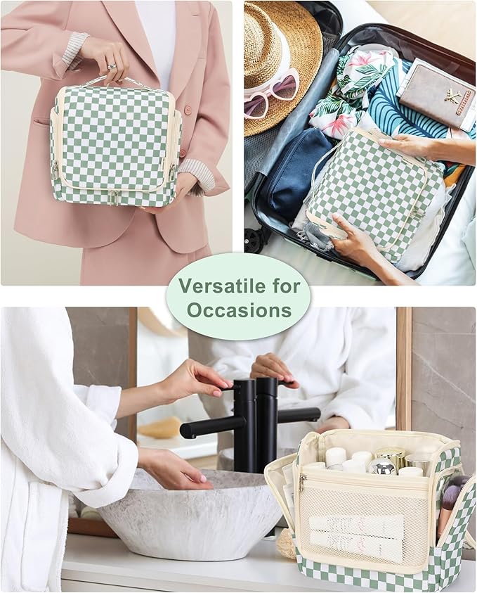 Relavel Travel Toiletry Bag for Women Makeup Bag Cosmetic Organizer Toiletries Bag with Hanging Hook for Travel Size Essentials Accessories Shower Caddy Bag for Bathroom Beach Gym, Green Checkerboard
