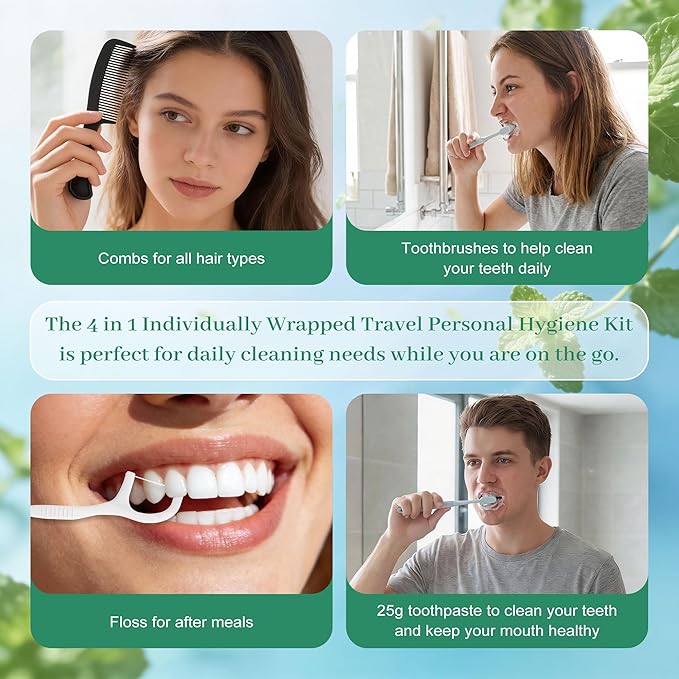 Travel Toothbrush Kit Bulk, Toothbrush Toothpaste Set, Hygiene Kit Bulk with Floss Picks, Comb, Protective Case, Individually Packaged, Suitable for Home, Travel, and Hotels (50-Pack)