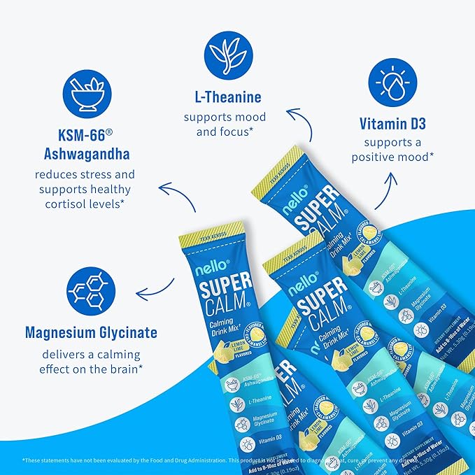 Nello Supercalm Powdered Drink Mix, Cortisol Reducer* and Sleep Aid Supplement, L Theanine, Ksm-66 Ashwagandha, Magnesium Glycinate, Vitamin D 3, No Sugar, Non GMO, On The Go, 20 Ct, Lemon Lime