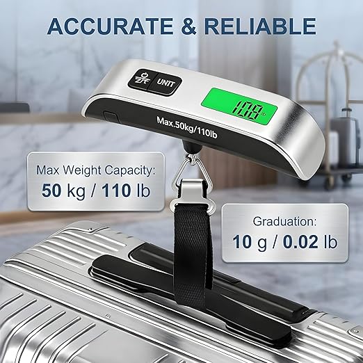 Digital Luggage Scale for Travel, Fish Scale for Outdoor, 110lb High Precision Suitcase Weight Scale with Backlit LCD Display Portable Hanging Baggage Scale for Air Travel Essentials