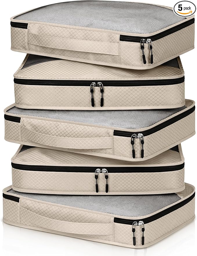 5 Pcs Packing Cubes for Suitcase Large Travel Cubes Carry on Luggage Organizer Bags for Clothes Accessories(S,Khaki)