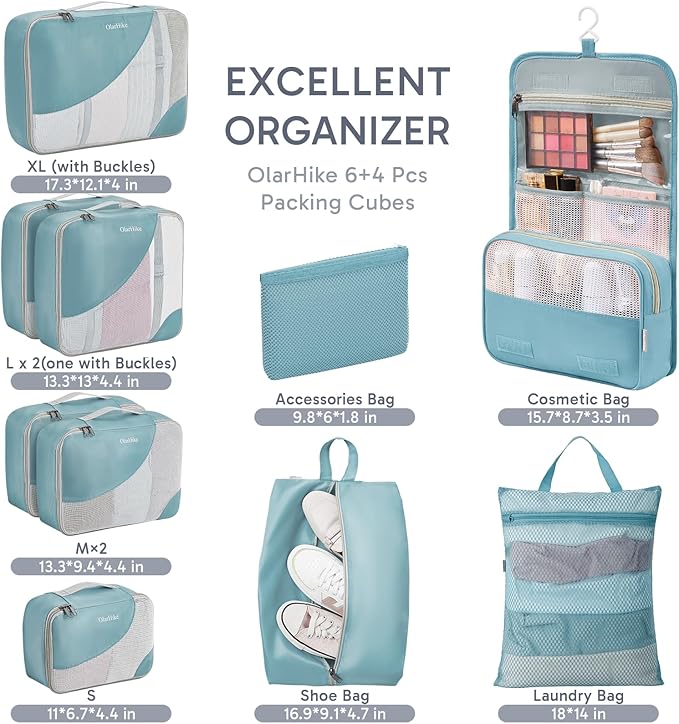 OlarHike ALL INCLUDED 10 Set Durable Packing Cubes for Travel,Gifts for Women Mom Men,Luggage & Suitcase Organizers with Toiletry Bag,Vacation Essentials for Cruise & Plane,Beach Accessories,Blue Gray