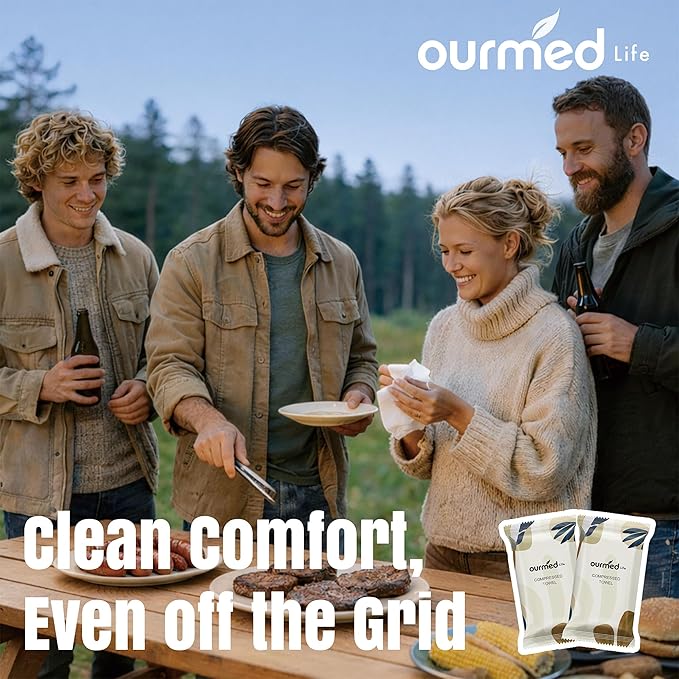 Ourmed Life Mini Compressed Towel Tablets, Portable Disposable Face Towels, Individually Wrapped Mini Tablets, Expands with Water, Soft & Lint-Free, 12 x 10 Inch, Travel Size (56 Count)