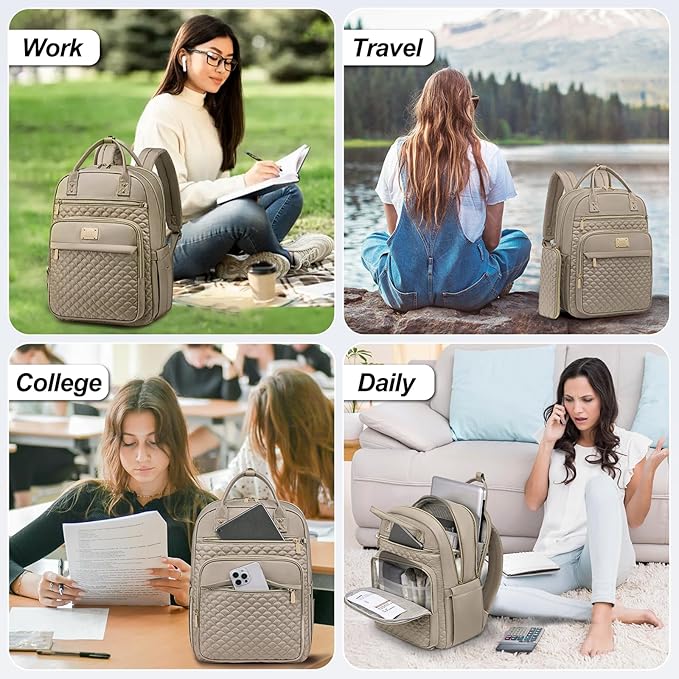 Tealari Laptop Backpack for Women,15.6 Inch Laptop Backpack for Work,Water Resistant Travel Backpack,College Bookbag with Wallet (Khaki)