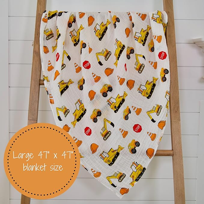 LollyBanks Muslin Swaddle Blanket, 100% Muslin Cotton Baby Blankets for Boys, 47 X 47 Inches Newborn Receiving Blanket, Swaddles for Newborns Baby Boy, Registry (Fun Construction Theme Print)